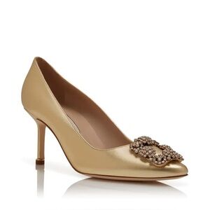New Manolo Blahnik HANGISI 70 $1,415 Gold Nappa Leather Jewel Buckle Pumps 37.5
